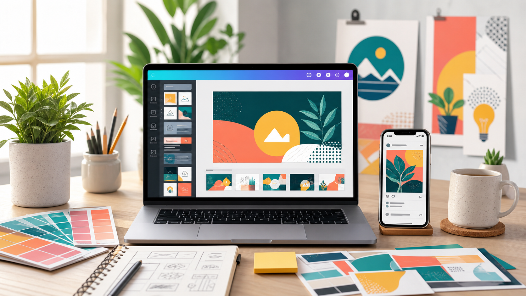 Laptop design canvas with phone social post mockup, color swatches and poster thumbnails for Canva Kannada tutorial