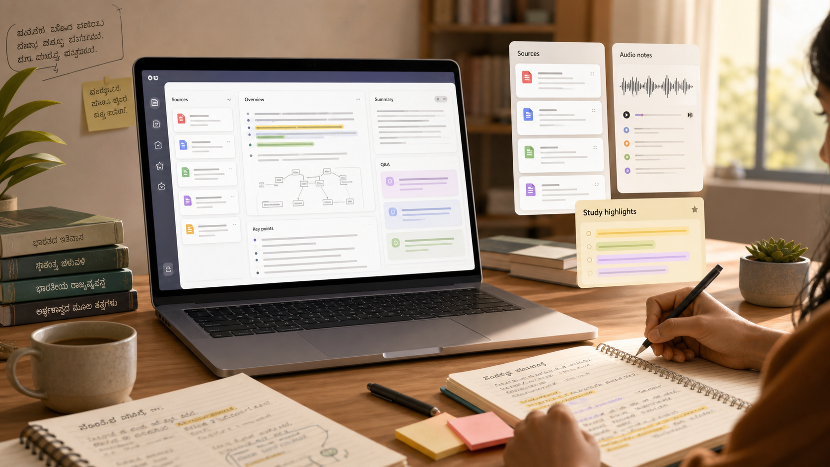 NotebookLM style AI research workspace with laptop, source cards, audio notes and study documents