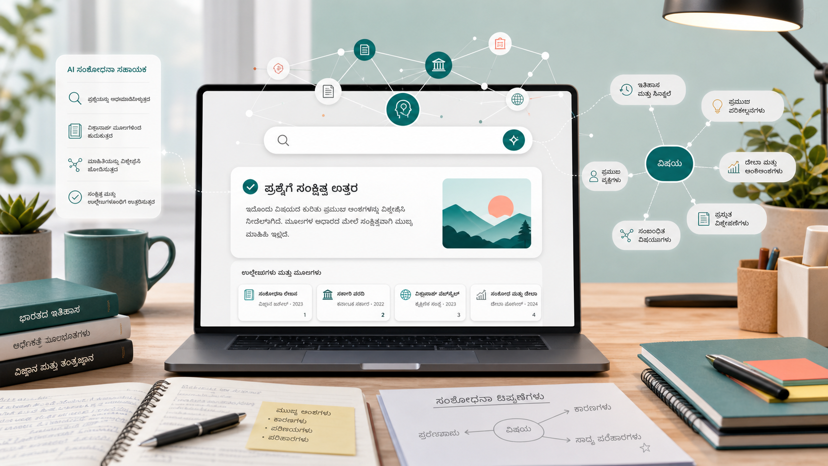 AI research assistant concept with laptop, answer cards, source citations and Kannada research notes