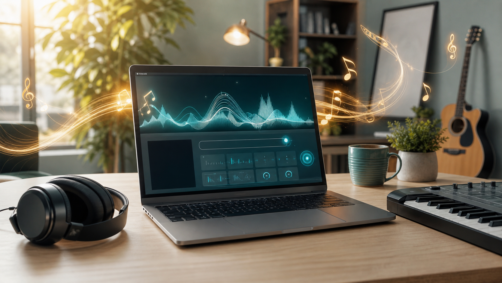 AI music creation desk with laptop waveform, headphones and keyboard for Suno instrumental music